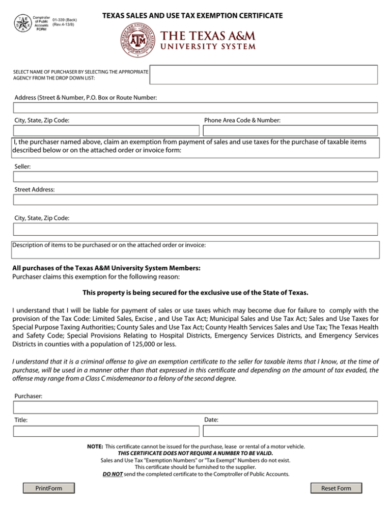 Texas Sales Tax Exemption Certificate Form ExemptForm