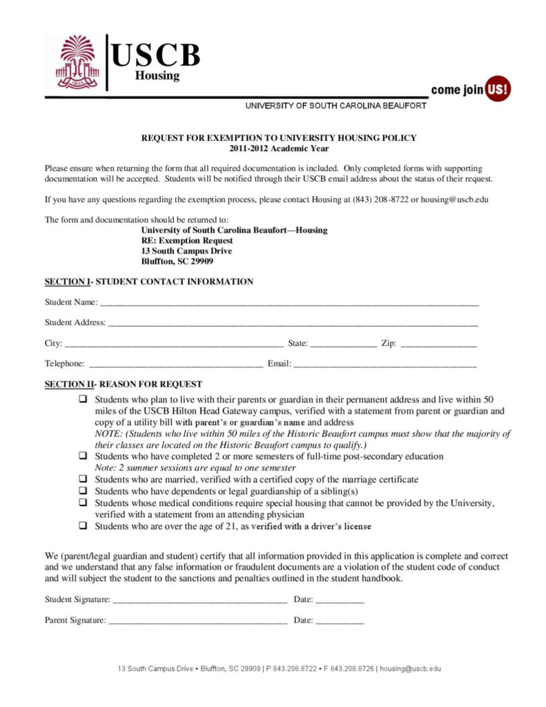 USCB Housing Exemption Form 2011 By University Of South Carolina