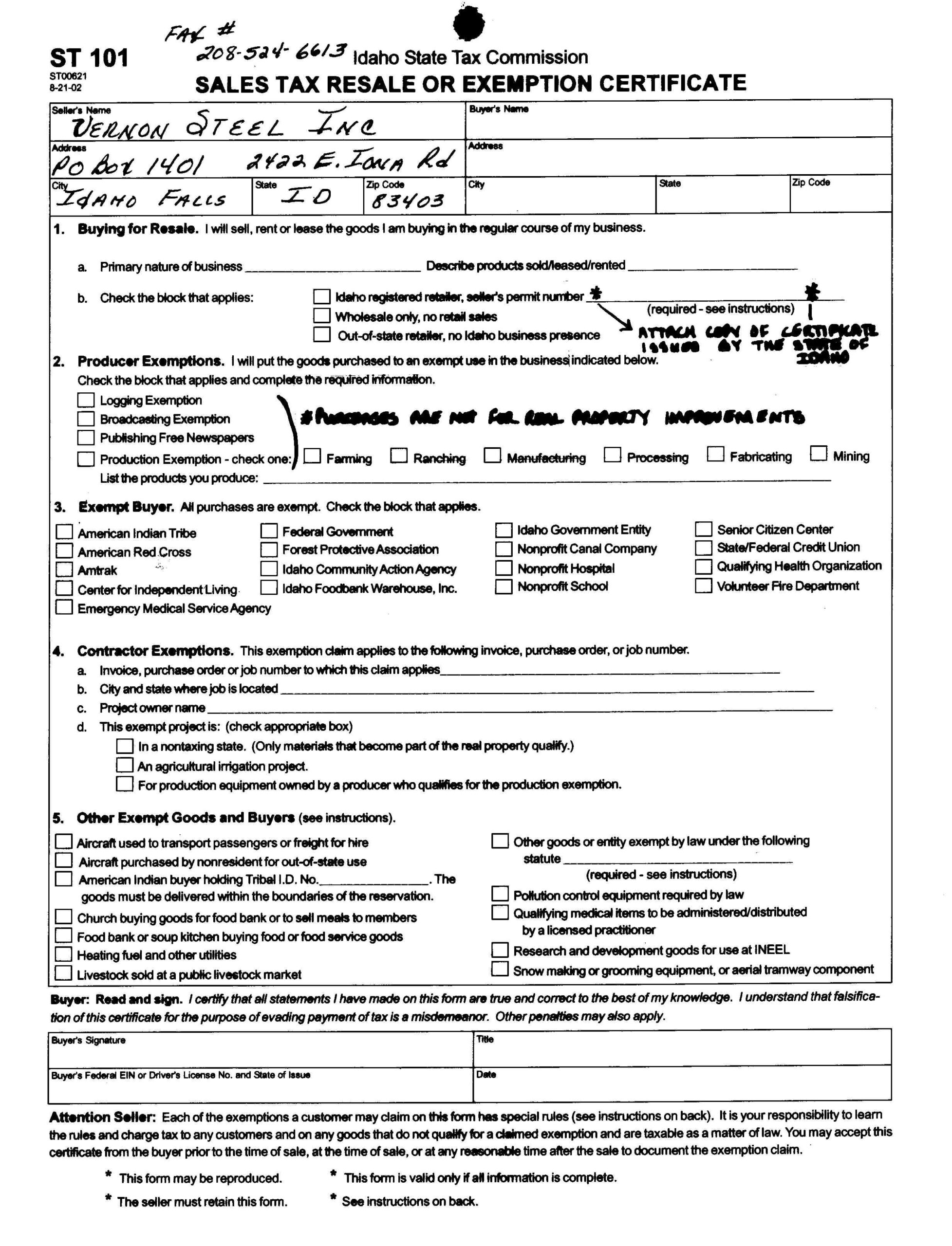 Tax Exempt Form Idaho