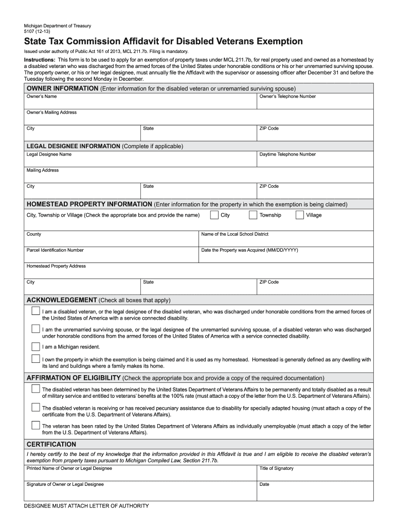 Veterans Exemption Mi Fill Online Printable Fillable Blank PdfFiller