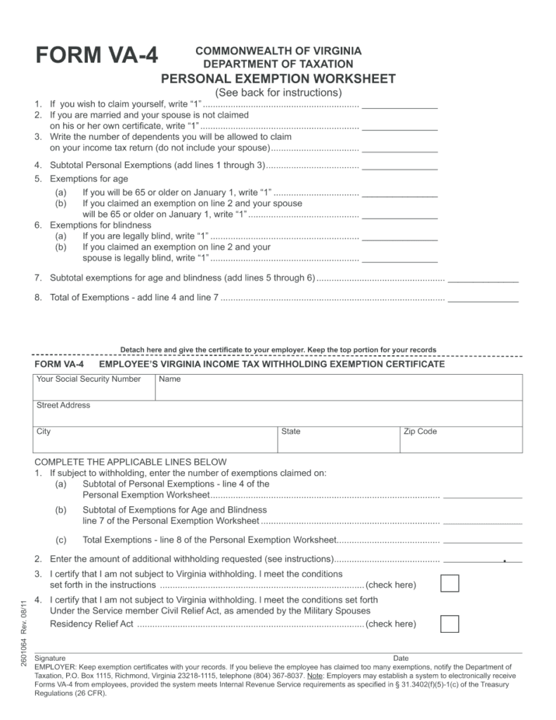 Virginia Form VA 4 Printable Employee s Withholding Exemption Certificate 
