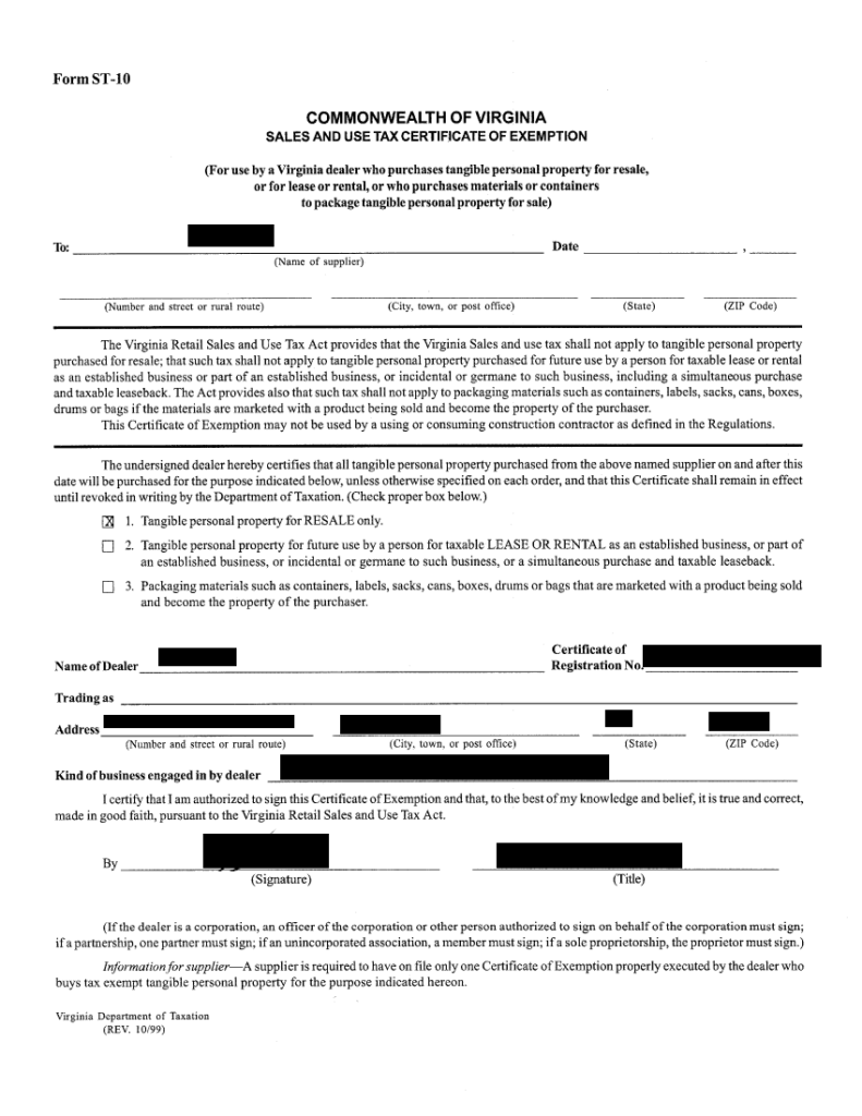 Virginia Tax Exemption Form