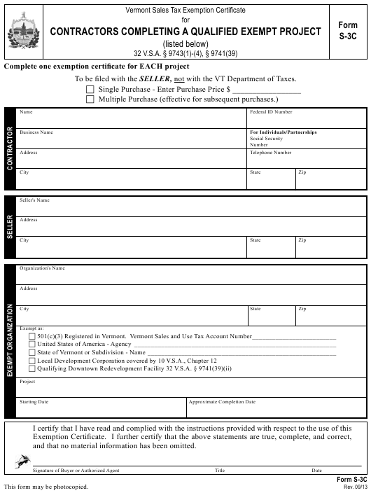 VT Form S 3C Download Printable PDF Or Fill Online Vermont Sales Tax 