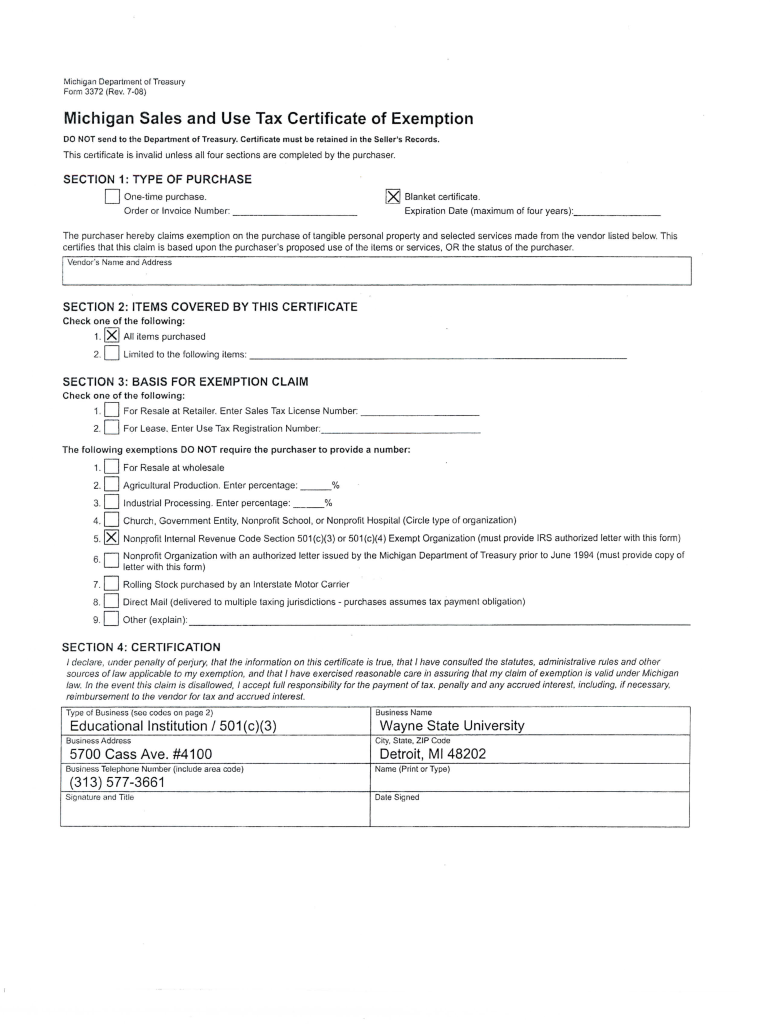 Wayne State University Tax Exempt Certificate Form Fill Out And Sign 