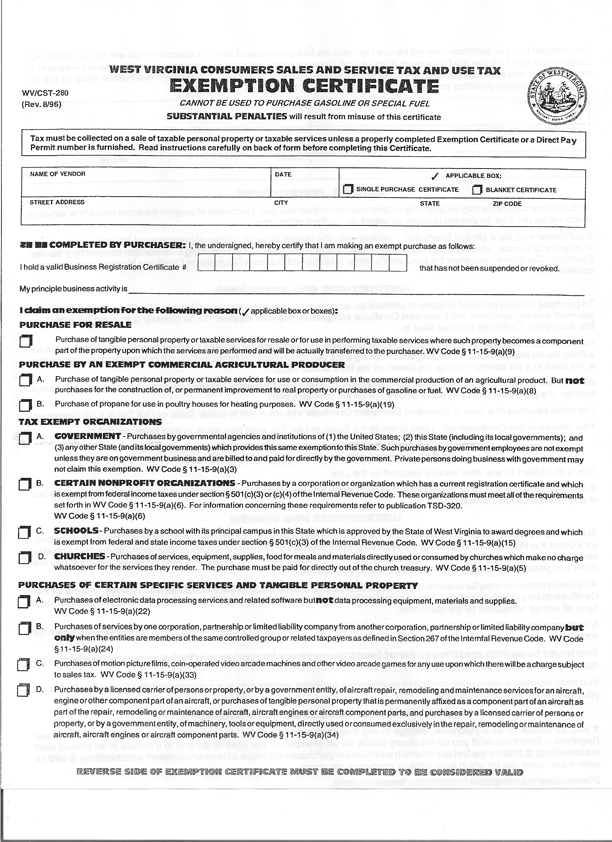 West Virginia Tax Exemption Certificate Form ExemptForm