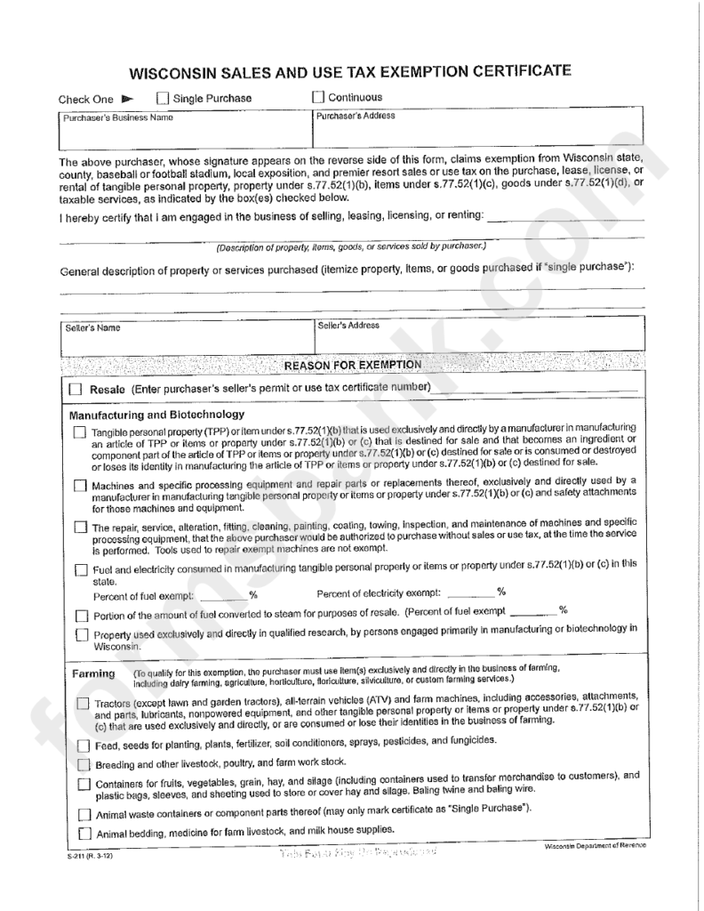 Wisconsin Sales And Use Tax Exemption Certificate Form Printable Pdf 